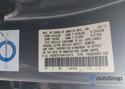 2017 Honda Accord Lx z USA, uszkodzony, nr VIN 1HGCR2F35HA302018